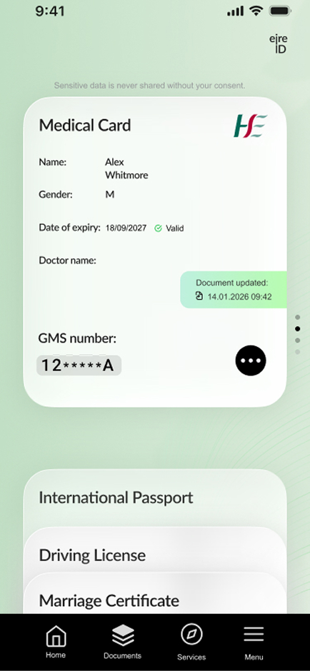 Health Service Executive (HSE) document used for accessing healthcare services and medical cards in Ireland.
